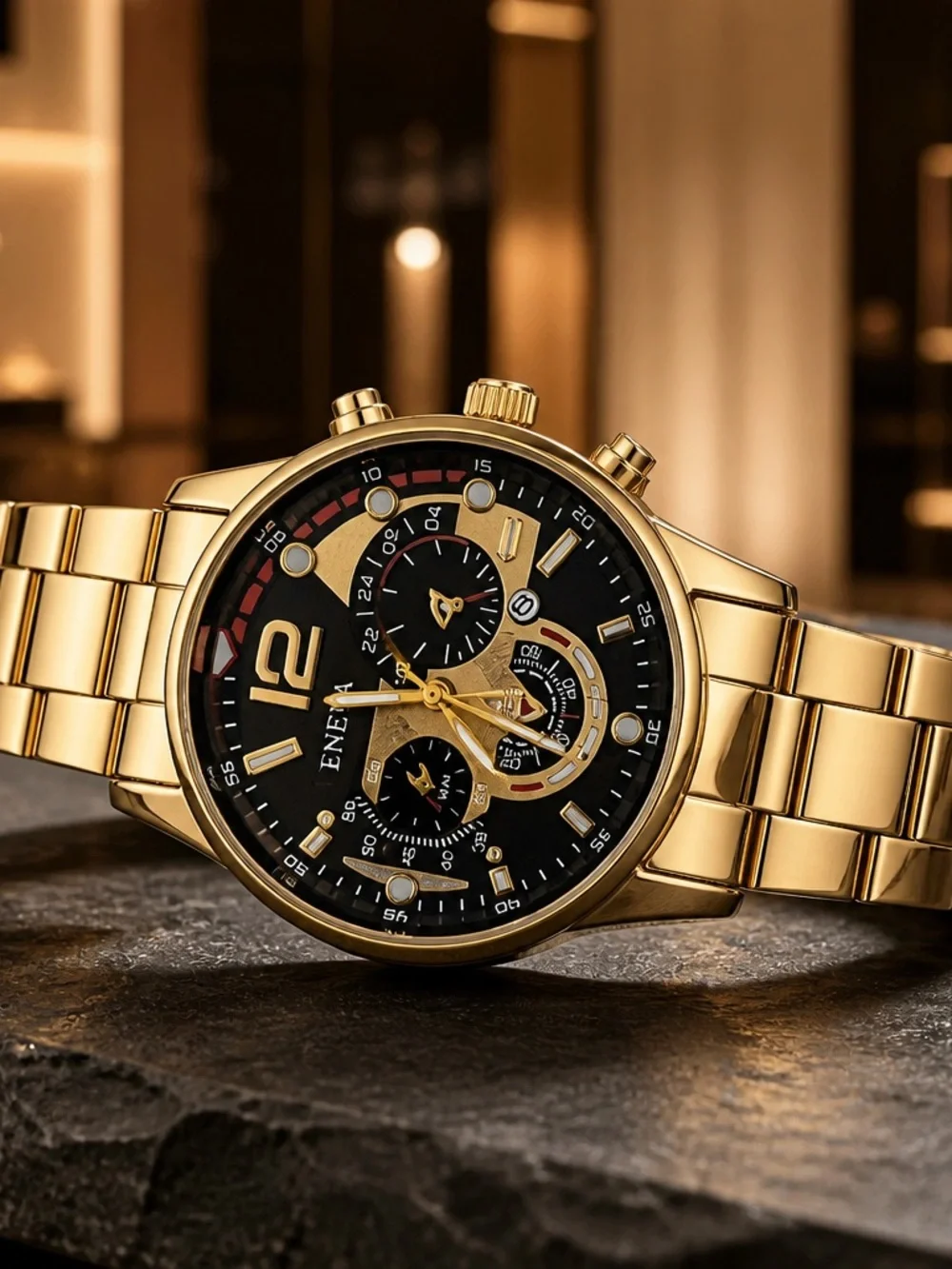 Eneva Men’s Luxury Timepiece Collection Gold Band Black/Gold Case NWT